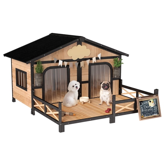 Natural Wooden Double Room Dog House with Porch, Elevated Floor and Openable Roof