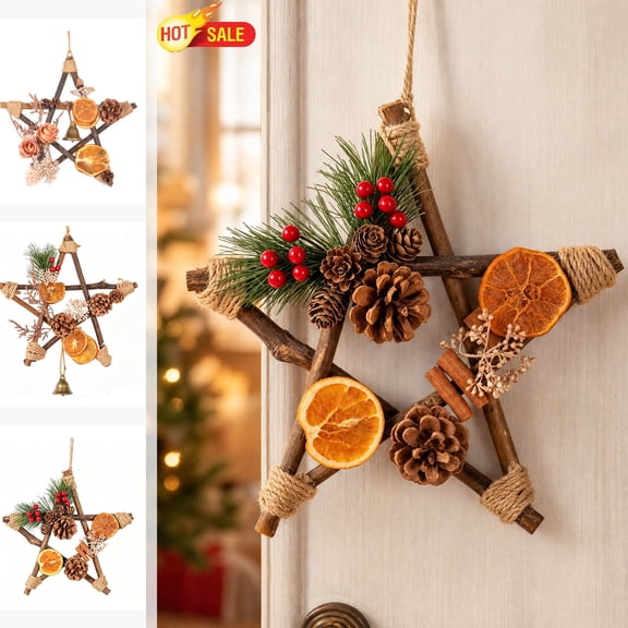 Natural Wooden Five‑Pointed Star Christmas Hanging Ornament, Rattan Star Wreath, Rustic Farmhouse Wall Door Window Decor for Holiday Xmas Home Decorations
