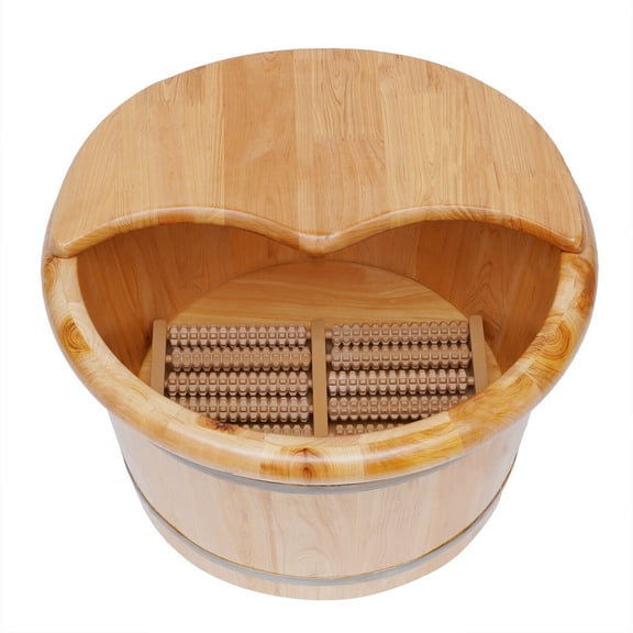 Natural Wooden Foot Bath Bucket Soaking Foot Tub Sauna with Massager Roller+Lid 30 Min Keep Warm