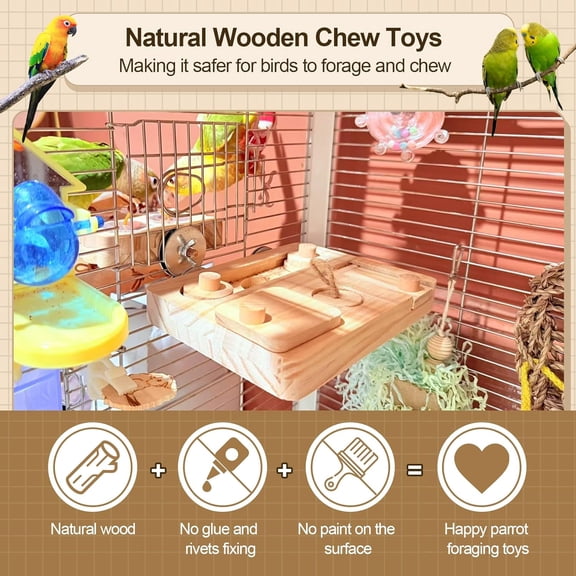 Natural Wooden Foraging Puzzle Toys for Parakeets, Budgies & Small Birds | Interactive Slow Feeder & Chewing Toy