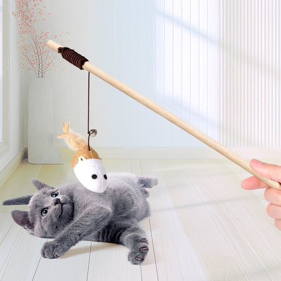Natural Wooden Handle Cat Teaser Wand, Interactive Cat Toy with Elastic Rope, Linen Mouse, Feather & Bell for Kitten & Adult Cat Play, Exercise & Bonding,A