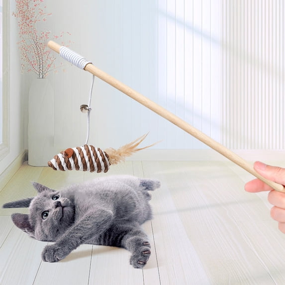 Natural Wooden Handle Cat Teaser Wand, Interactive Cat Toy with Elastic Rope, Linen Mouse, Feather & Bell for Kitten & Adult Cat Play, Exercise & Bonding,B