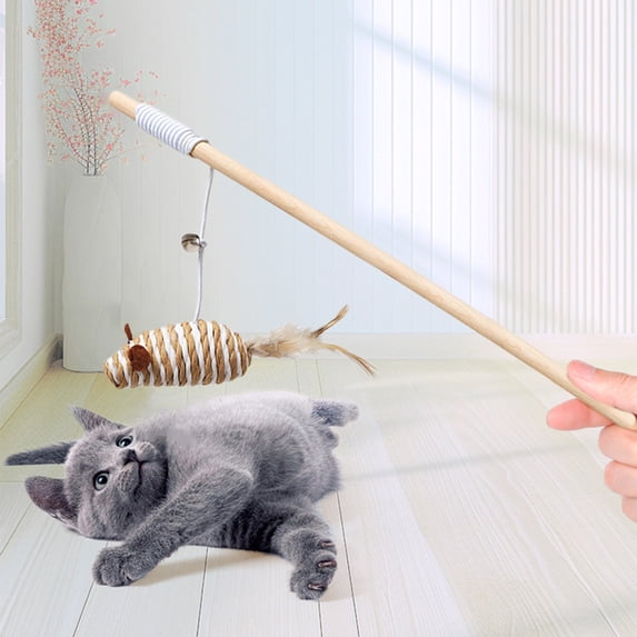 Natural Wooden Handle Cat Teaser Wand, Interactive Cat Toy with Elastic Rope, Linen Mouse, Feather & Bell for Kitten & Adult Cat Play, Exercise & Bonding,C