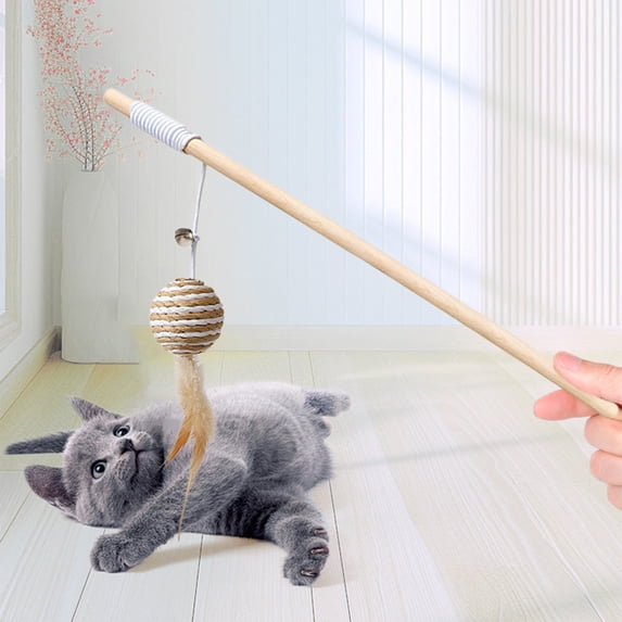 Natural Wooden Handle Cat Teaser Wand, Interactive Cat Toy with Elastic Rope, Linen Mouse, Feather & Bell for Kitten & Adult Cat Play, Exercise & Bonding,D