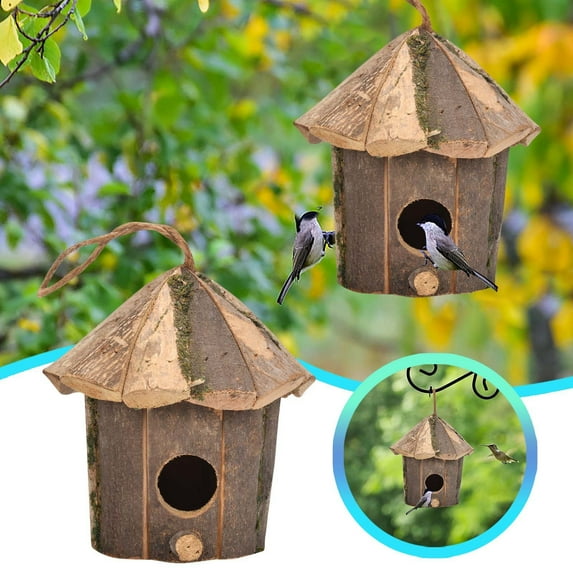 Natural Wooden Handmade Warm Bird Shelter for Garden Patio Outdoor Decoration Villa Style Hanging Birdhouse for Birds