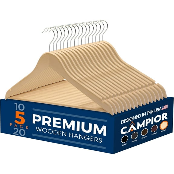 Natural Wooden Hangers 5 Pack – Heavy-Duty with 360° Swivel Hook, Non-Slip, Pants Bar & Shoulder Grooves - Wooden Hangers for Suits, Jackets, Dresses & Camisoles, Space-Saving and Smooth Finish