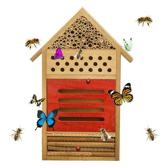 Natural Wooden Hanging Bee House for Gardens Natural Wooden Butterfly Hotel for Bee, Butterfly, Ladybirds, Habitat, Bee Hotel Garden