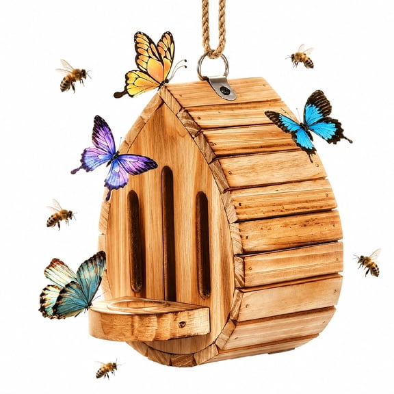 Natural Wooden Hanging Butterfly House, Natural Butterflies Habitat and Feeder with Feeder for Butterflies, Bees, Ladybug