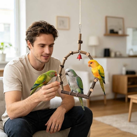 Natural Wooden Parrot Swing with Bell Chewing Perch Stand Bird Climbing Toy Cage Play Accessories for Budgies Lovebirds Parakeets