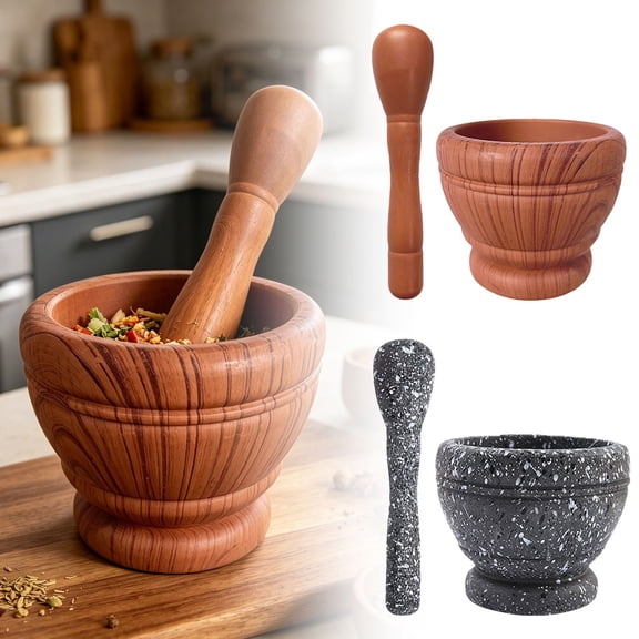 Natural Wooden Pestle and Mortar, 6.7 Inch Stone Cup & Crusher Set, Hand Grinder for Herbs Pesto Spices, Includes 1 Mortar