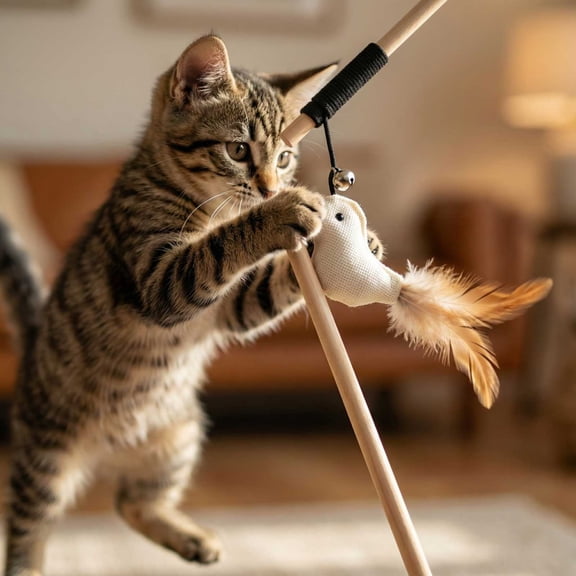 Natural Wooden Pole Cat Teaser Toy, Interactive Play To Stimulate Hunting Instincts & Strengthen Human-Cat Bond, Suitable For All Cat Ages