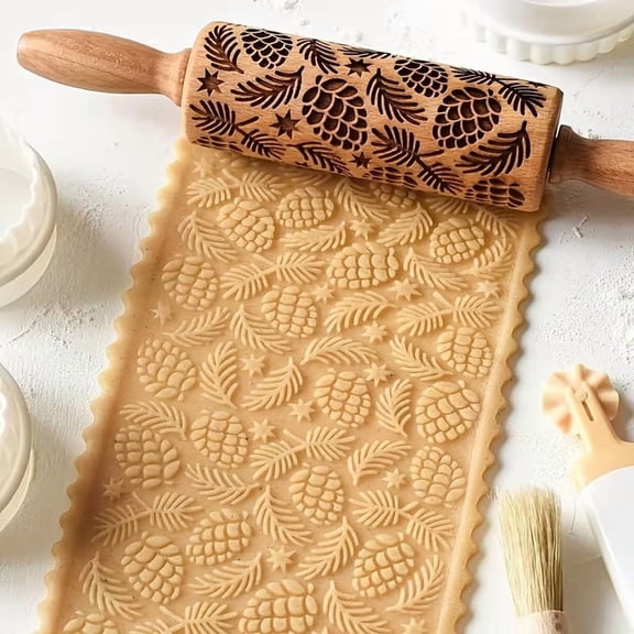 Natural Wooden Rolling Pin with Pine Cone and Leaf Pattern - Durable Birch Wood Cookie Roller for Holiday Baking