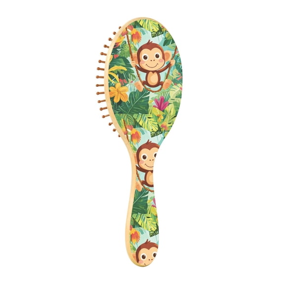 Natural Wooden Round Hair Brush - Wooden Cushion Massage Comb for Straight and Curly Hair, Promotes Scalp Blood Circulation,A Cute Monkey