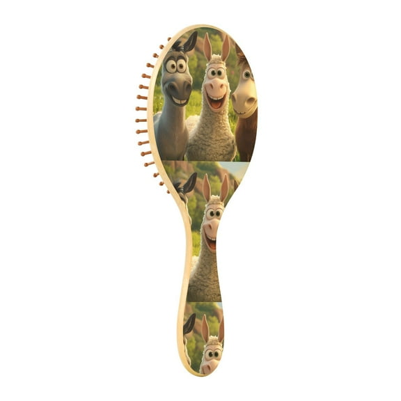 Natural Wooden Round Hair Brush - Wooden Cushion Massage Comb for Straight and Curly Hair, Promotes Scalp Blood Circulation,A Donkey Sheep and Horse