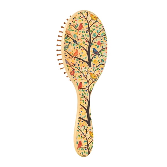 Natural Wooden Round Hair Brush - Wooden Cushion Massage Comb for Straight and Curly Hair, Promotes Scalp Blood Circulation,Birds