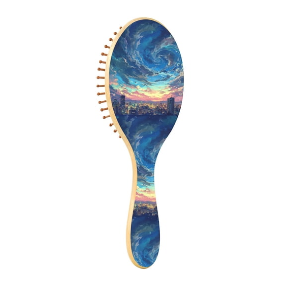 Natural Wooden Round Hair Brush - Wooden Cushion Massage Comb for Straight and Curly Hair, Promotes Scalp Blood Circulation,Blue Clouds