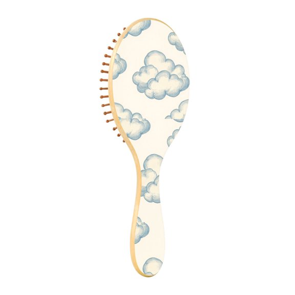 Natural Wooden Round Hair Brush - Wooden Cushion Massage Comb for Straight and Curly Hair, Promotes Scalp Blood Circulation,Blue Colored Clouds