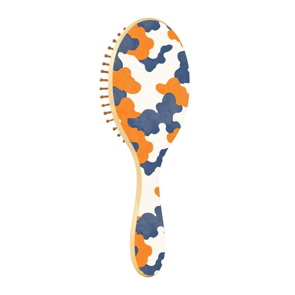 Natural Wooden Round Hair Brush - Wooden Cushion Massage Comb for Straight and Curly Hair, Promotes Scalp Blood Circulation,Blue and Orange Cloud