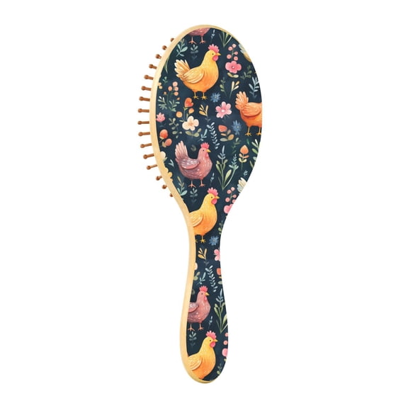 Natural Wooden Round Hair Brush - Wooden Cushion Massage Comb for Straight and Curly Hair, Promotes Scalp Blood Circulation,Chickens and Flowers
