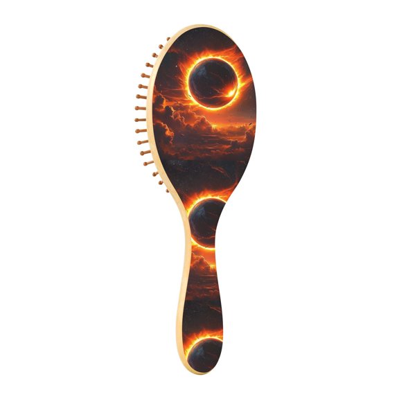 Natural Wooden Round Hair Brush - Wooden Cushion Massage Comb for Straight and Curly Hair, Promotes Scalp Blood Circulation,Clouds and Balls Of Flame
