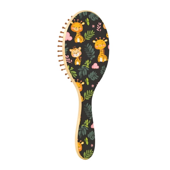 Natural Wooden Round Hair Brush - Wooden Cushion Massage Comb for Straight and Curly Hair, Promotes Scalp Blood Circulation,Giraffes and Tigers