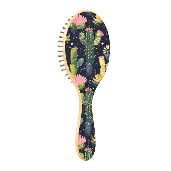 Natural Wooden Round Hair Brush - Wooden Cushion Massage Comb for Straight and Curly Hair, Promotes Scalp Blood Circulation,Green Cactus