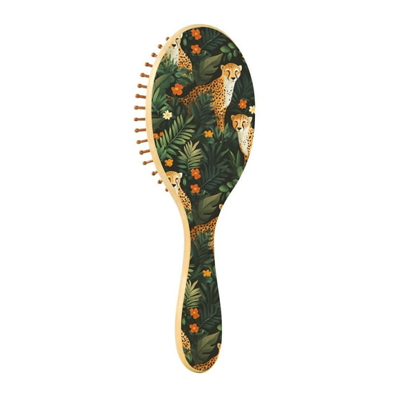 Natural Wooden Round Hair Brush - Wooden Cushion Massage Comb for Straight and Curly Hair, Promotes Scalp Blood Circulation,Leopard