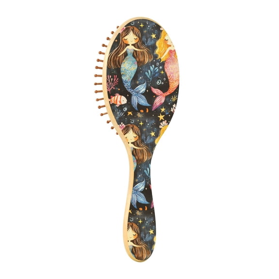 Natural Wooden Round Hair Brush - Wooden Cushion Massage Comb for Straight and Curly Hair, Promotes Scalp Blood Circulation,Mermaids and Fish