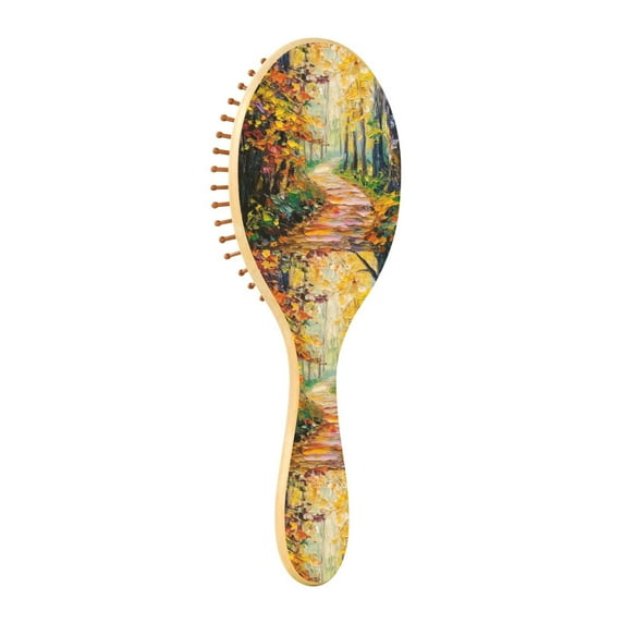 Natural Wooden Round Hair Brush - Wooden Cushion Massage Comb for Straight and Curly Hair, Promotes Scalp Blood Circulation,Oil Painting Small Path