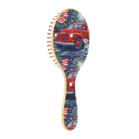 Natural Wooden Round Hair Brush - Wooden Cushion Massage Comb for Straight and Curly Hair, Promotes Scalp Blood Circulation,Red Truck