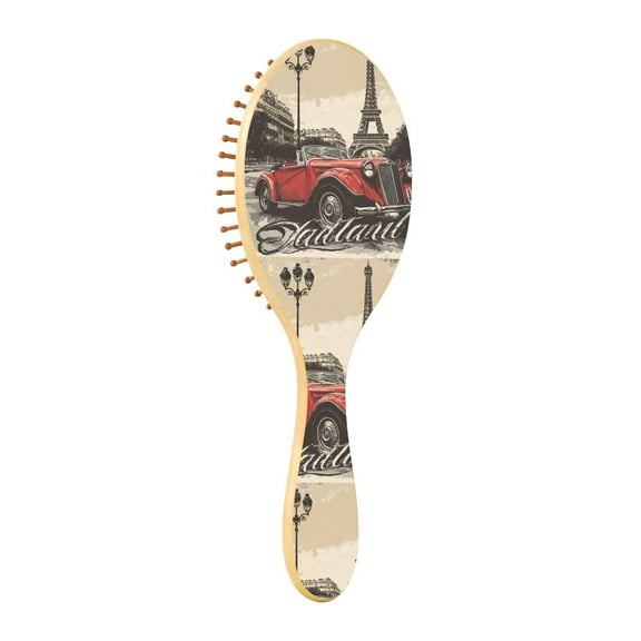 Natural Wooden Round Hair Brush - Wooden Cushion Massage Comb for Straight and Curly Hair, Promotes Scalp Blood Circulation,Retro Car and Eiffel Tow