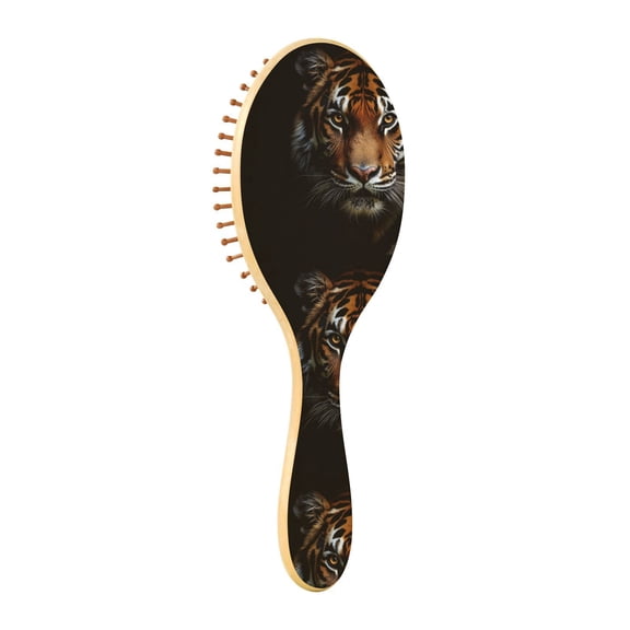 Natural Wooden Round Hair Brush - Wooden Cushion Massage Comb for Straight and Curly Hair, Promotes Scalp Blood Circulation,Tiger