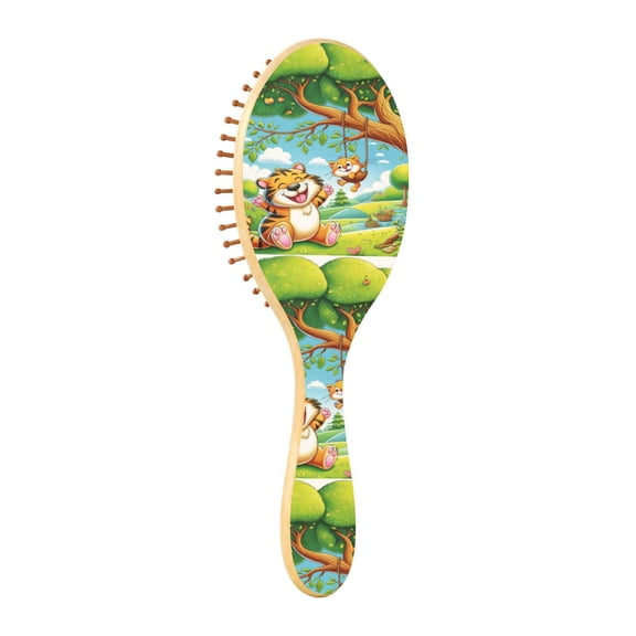 Natural Wooden Round Hair Brush - Wooden Cushion Massage Comb for Straight and Curly Hair, Promotes Scalp Blood Circulation,Tigers and Kittens