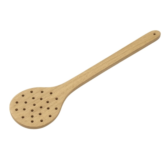 Natural Wooden Slotted Cooking Spoon with Long Handle, Round Perforated Kitchen Spoon for Stirring, Draining and Serving
