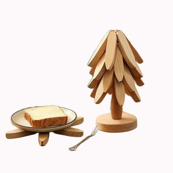 Natural Wooden Tree Trivet Set for Hot Dishes, Christmas Tree Coasters for Kitchen, Set of 4, Eco-Friendly Wooden Trivets, Heat-Resistant Holiday Decor, Stylish Dining Table Accessories (Beige)