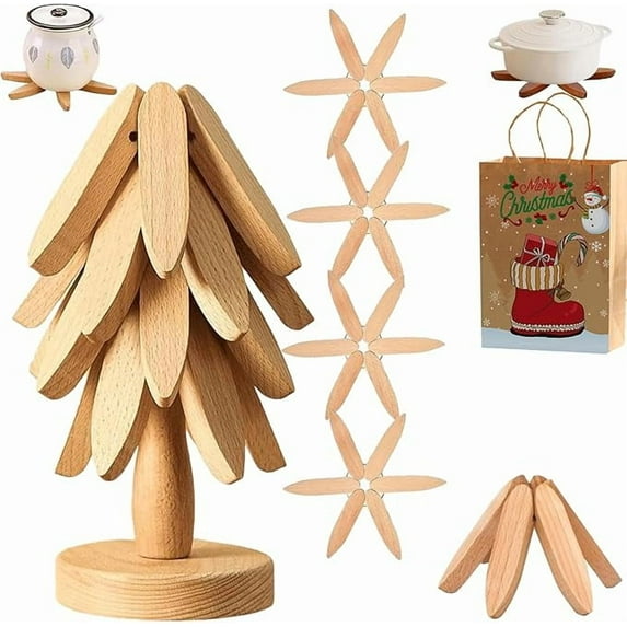 Natural Wooden Trivets for Hot Dishes - Tree Shape Trivet Set - 4 Wooden Trivets + 1 Stand - Stackable Christmas Tree Design