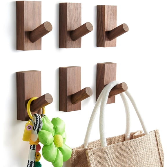 Natural Wooden Wall Hooks, Adhesive & Screw Mount Coat and Towel Hooks - Decorative Key Holder, Hat Rack, Stocking Wall Hangers for Bathroom Entryway Closet - 6 Pack, Walnut Wood