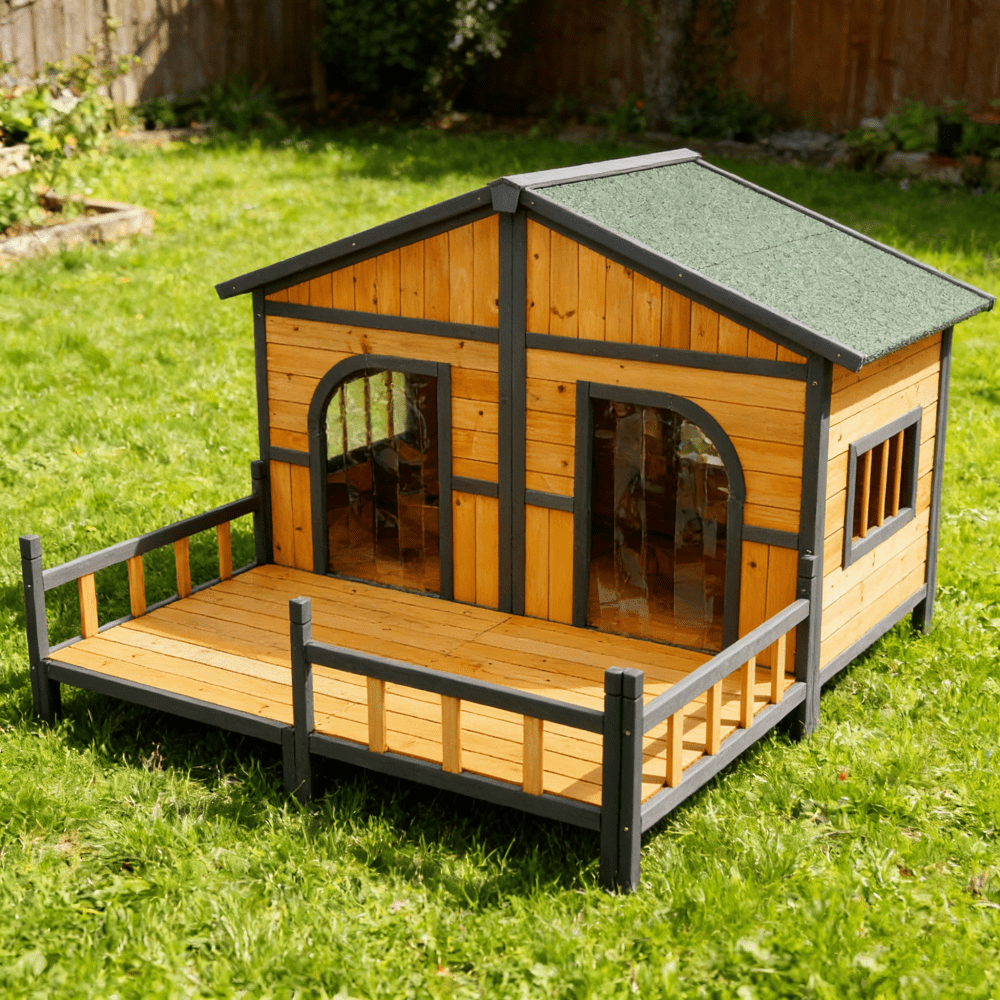 Natural Wooden XL Outdoor Dog House with Elevated Floor & Porch, Weatherproof Kennel for Small to Medium Dogs