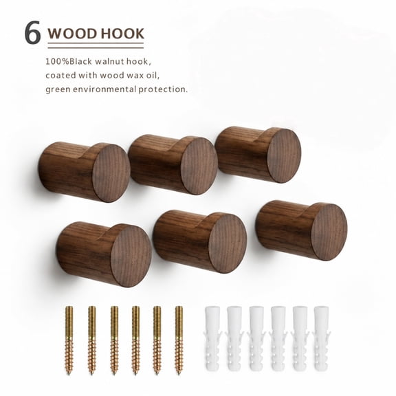 6 Black Walnut Wood Wall Hooks, Solid Wooden Wall Mounted Coat Hangers Heavy Duty for Coats Towels