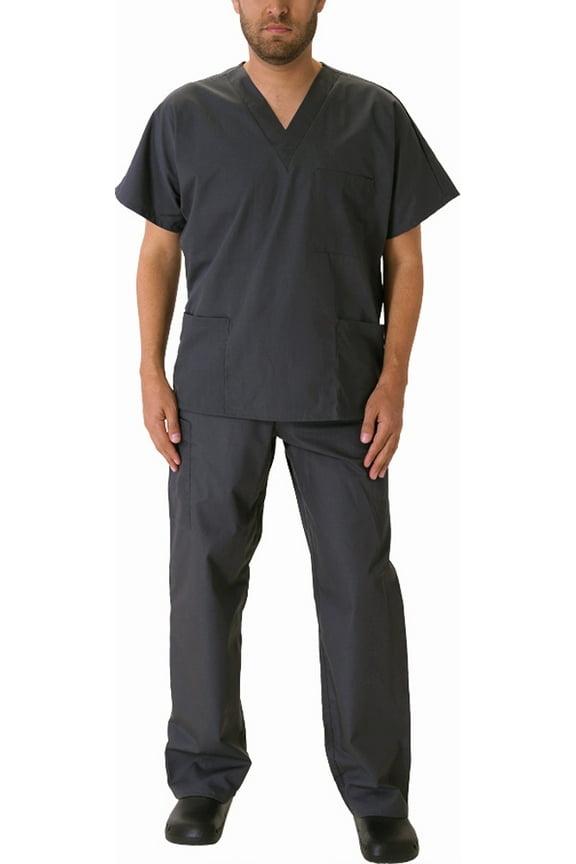 Mens Medical Dental Scrub Set Adult Male Work Uniform Pewter XX-Small
