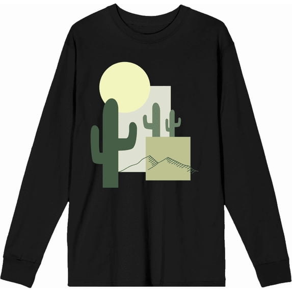 Natural World Cacti & Shapes Black Adult Crew Neck Long Sleeve Tee-Medium