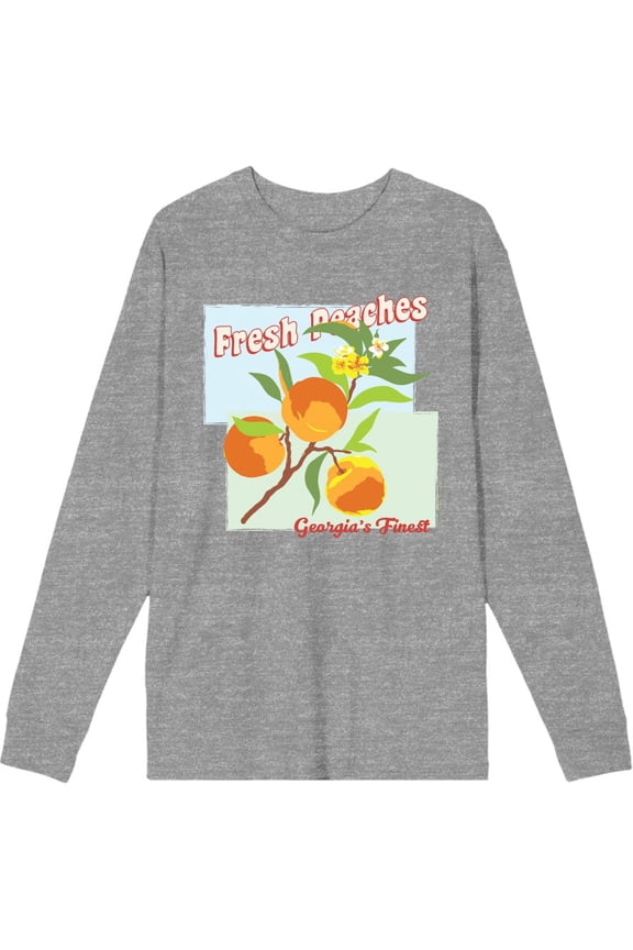 Natural World Fresh Peaches Georgia's Finest Adult Heather Gray Crew Neck Long Sleeve Tee-XXL