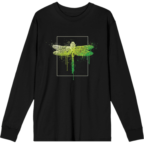 Natural World Paint Splatter Dragonfly Crew Neck Long Sleeve Adult Tee-Large-Black