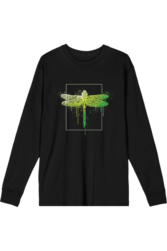 Natural World Paint Splatter Dragonfly Crew Neck Long Sleeve Adult Tee-Large-Black