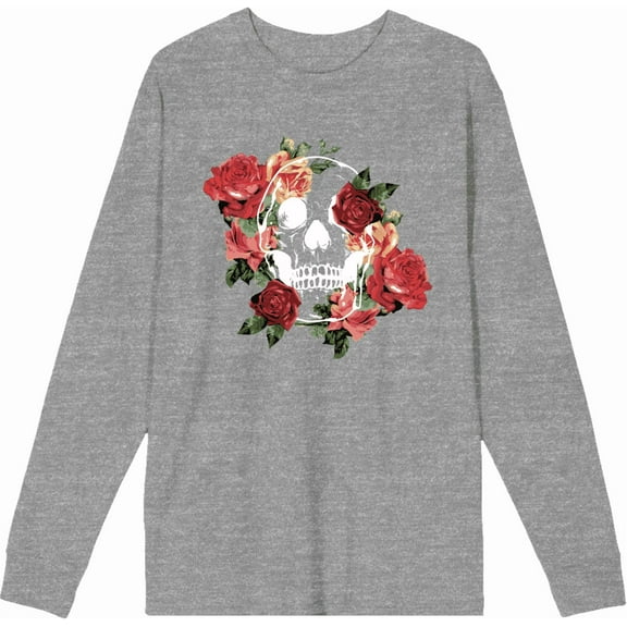 Natural World Skull & Roses Crew Neck Long Sleeve Heather Gray Adult Tee
-Large