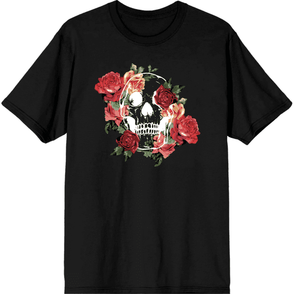 Natural World Skull & Roses Crew Neck Short Sleeve Adult T-shirt-Medium-Black