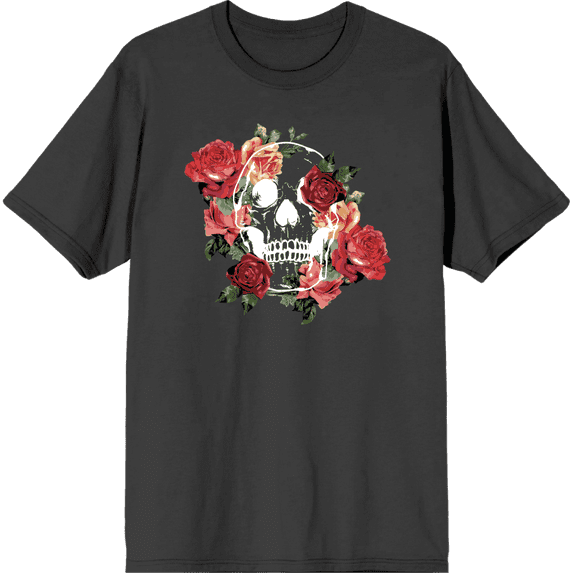 Natural World Skull & Roses Crew Neck Short Sleeve Adult T-shirt-Medium-Charcoal