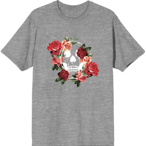 Natural World Skull & Roses Crew Neck Short Sleeve Adult T-shirt-XS-Heather Gray