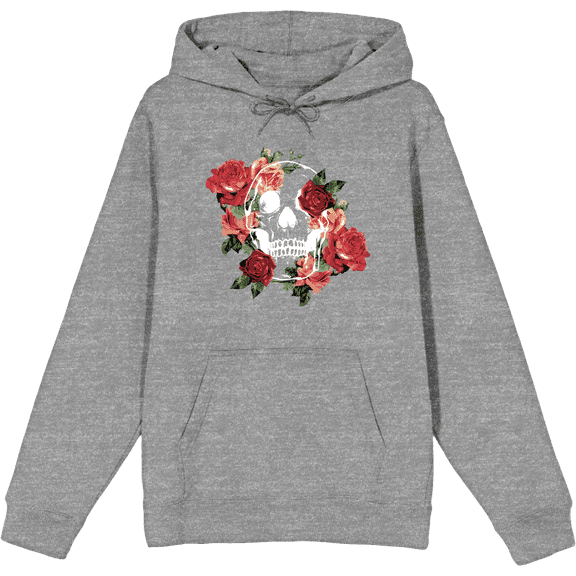 Natural World Skull & Roses Long Sleeve Adult Hooded Sweatshirt-3XL-Heather Gray