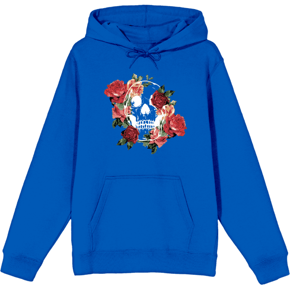 Natural World Skull & Roses Long Sleeve Adult Hooded Sweatshirt-XXL-Blue